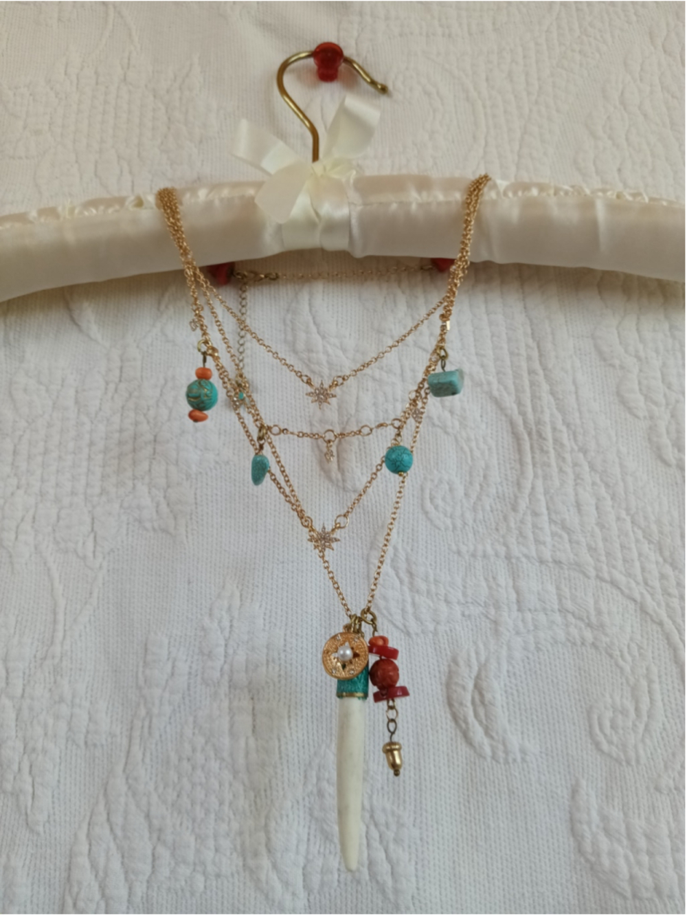 Inlaid Yak Bone Pendant on Layered Gold Plated chain Turquoise howlite red coral - Picture 11 of 11